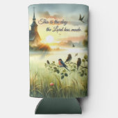 Sunrise Church with Birds in Misty Meadow Seltzer Blikjeskoeler (Achterkant)