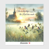 Sunrise Church with Birds in Misty Meadow Sticker (Vel)