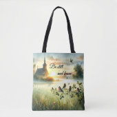 Sunrise Church with Birds in Misty Meadow Tote Bag (Voorkant)