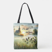 Sunrise Church with Birds in Misty Meadow Tote Bag (Achterkant)
