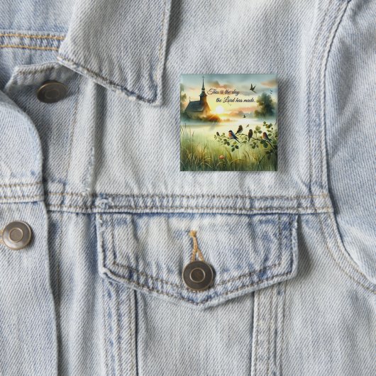 Sunrise Church with Birds in Misty Meadow Vierkante Button 5,1 Cm (In situ)