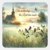 Sunrise Church with Birds in Misty Meadow Vierkante Sticker (Voorkant)