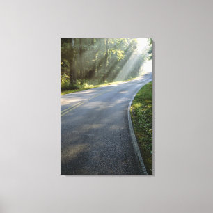 Sunrise door mist langs groene rivier canvas afdruk