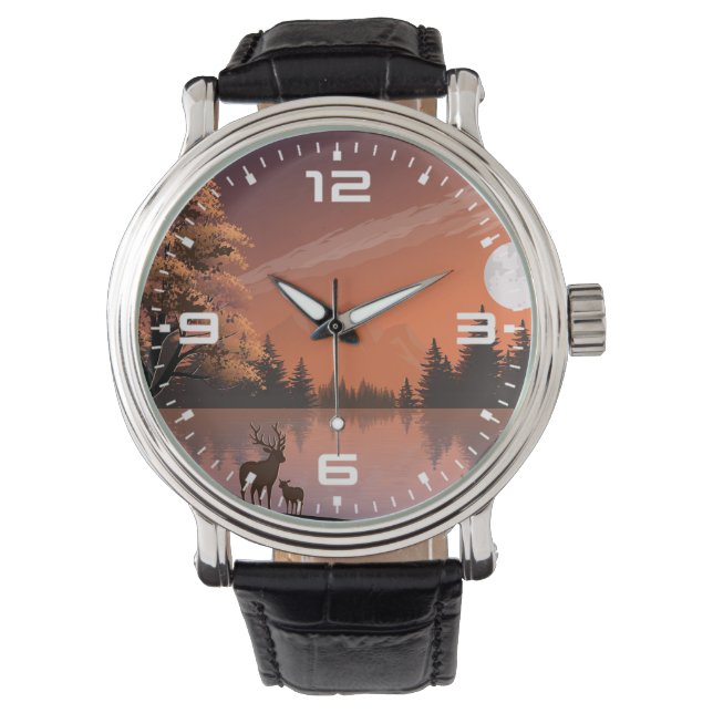 Sunrise Landschap met meer en herten-51207 Horloge (Voorkant)