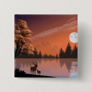 Sunrise Landschap met meer en herten-51207 Vierkante Button 5,1 Cm