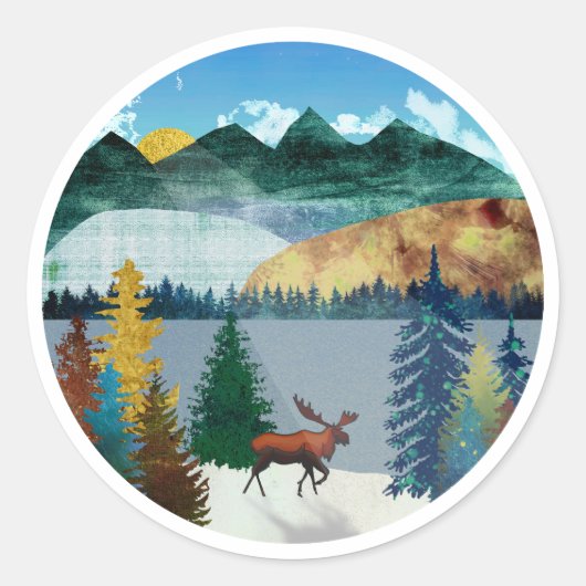 Sunrise Moose Ronde Sticker (Voorkant)