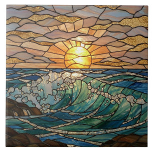 Sunrise Ocean Waves Glas in lood Illusion Tegeltje