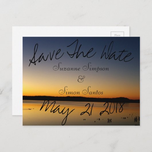 Sunrise op het meer Save The Date Aankondigingskaart (Voorkant / Achterkant)