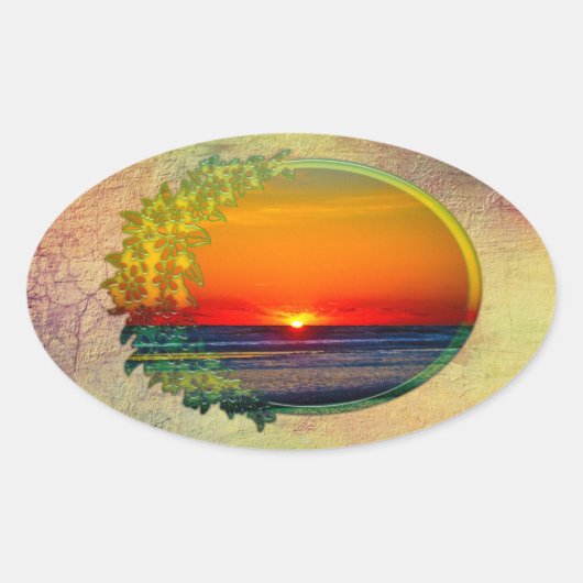 Sunrise Over Atlantic Oval met bloemen Ovale Sticker (Voorkant)