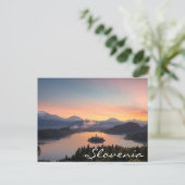 Sunrise over Lake Bled, briefkaart Sloveense tekst (Staand voorkant)
