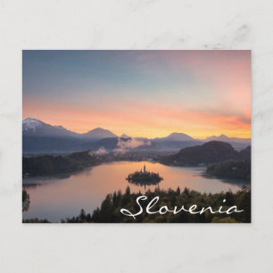 Sunrise over Lake Bled, briefkaart Sloveense tekst