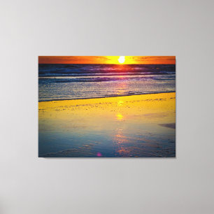 Sunrise over Ocean & Reflected on Beach Canvas Afdruk