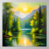 Sunrise over snow covered mountains and lake poster (Voorkant)