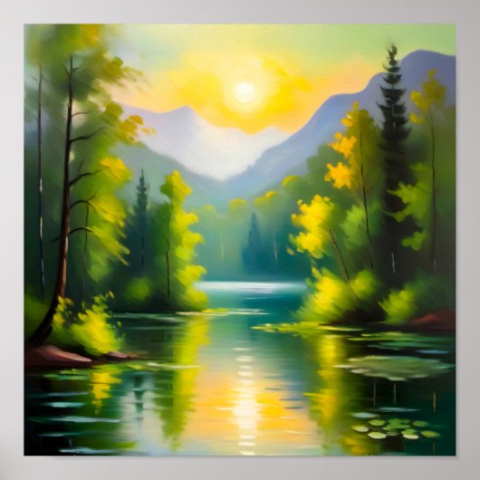 Sunrise over snow covered mountains and lake poster (Voorkant)