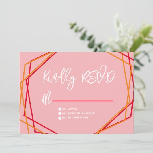 Sunrise Red Pink Geometrical Bars RSVP Weddenschap Kaart (Staand voorkant)