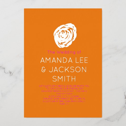 Sunrise Roos roze Oranje Rozen bruiloft Folie Uitnodiging (Voorkant)