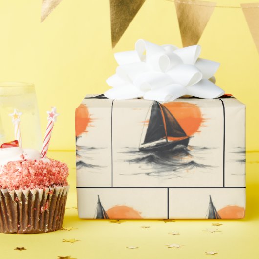 Sunrise Sailboat Silhouette Sketch Cadeaupapier (Verjaardagsfeest)