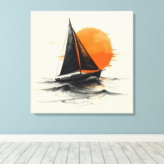 Sunrise Sailboat Silhouette Sketch Canvas Afdruk (Insitu (Houten vloer))