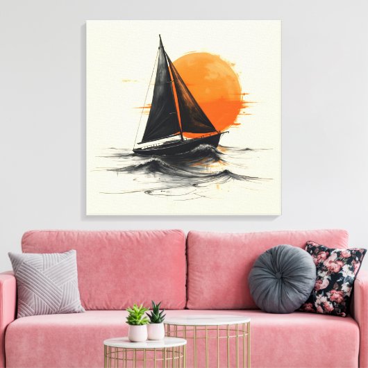 Sunrise Sailboat Silhouette Sketch Canvas Afdruk (Insitu (Woonkamer))