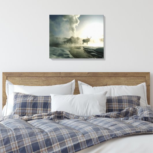 Sunrise Silhouette van Elk bij Castle Geyser Canvas Afdruk (Insitu (Slaapkamer))