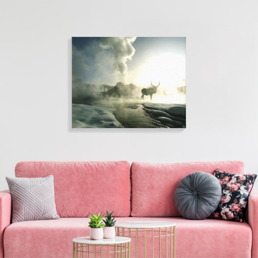 Sunrise Silhouette van Elk bij Castle Geyser Canvas Afdruk (Insitu (Woonkamer))