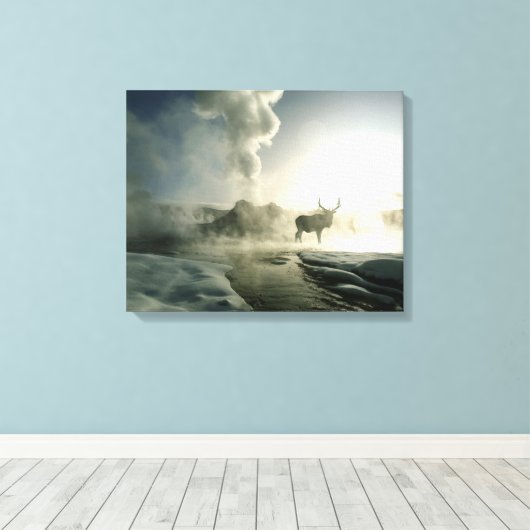 Sunrise Silhouette van Elk bij Castle Geyser Canvas Afdruk (Insitu (Houten vloer))