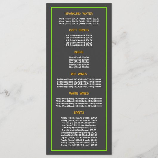 Sunrise Spruce, Restaurant Slimline Menu (Achterkant)