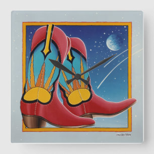 Sunrise Sunset Western COWBOY BOOT WALL CLOCK Vierkante Klok