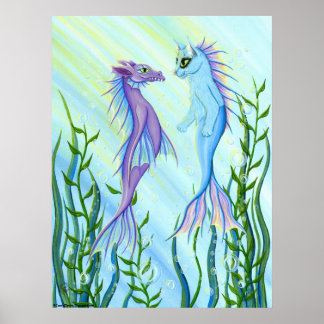 Sunrise Swim, Zee Dragon & Mermaid Cat Fantasy Art Poster