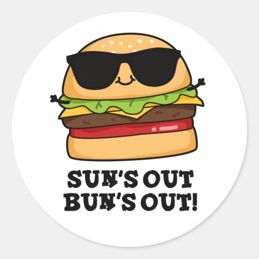 Sun's Out Bun's Out Funny Summer Burger Pun Ronde Sticker (Voorkant)
