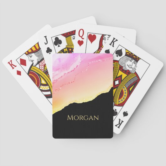 Sunset Agaat, Gouden Glitter & Naam op Zwart Pokerkaarten (Achterkant)