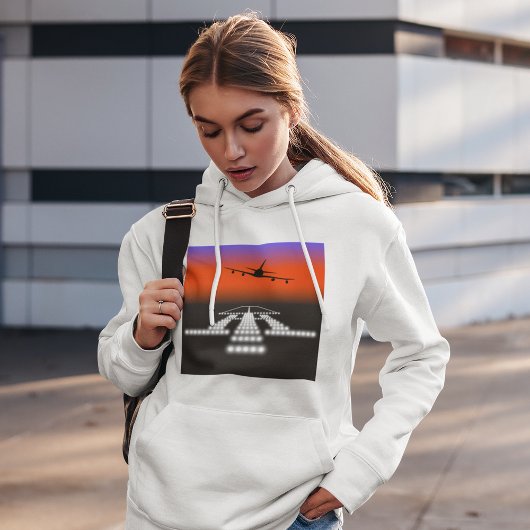 Sunset Airplane Approach Runway Lights Aviation Hoodie