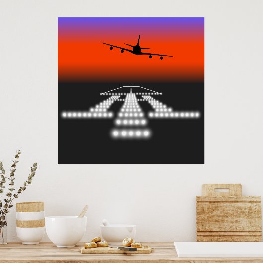 Sunset Airplane Approach Runway Lights Aviation Poster (Keuken)