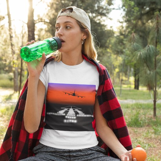 Sunset Airplane Approach Runway Lights Aviation T-shirt