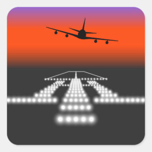 Sunset Airplane Approach Runway Lights Aviation Vierkante Sticker