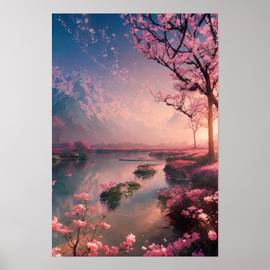 Sunset at Cherry Blossom Lake Poster (Voorkant)