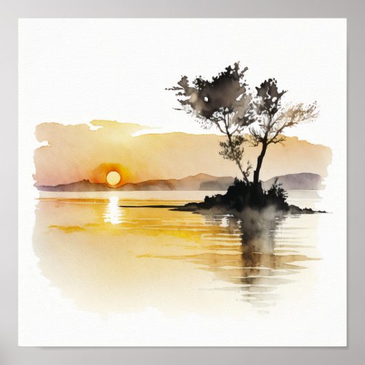 Sunset at Lake Minimalist Waterverf Poster (Voorkant)