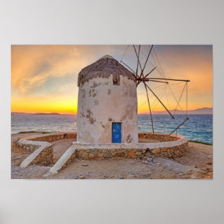 Sunset at the beroemde windmolens of Mykonos, Grie Poster