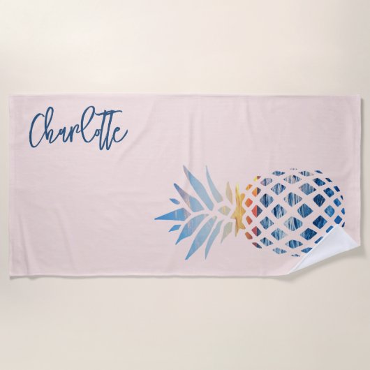 Sunset Beach Ananas Familie Vakantie Blush Roze Strandlaken (Voorkant)