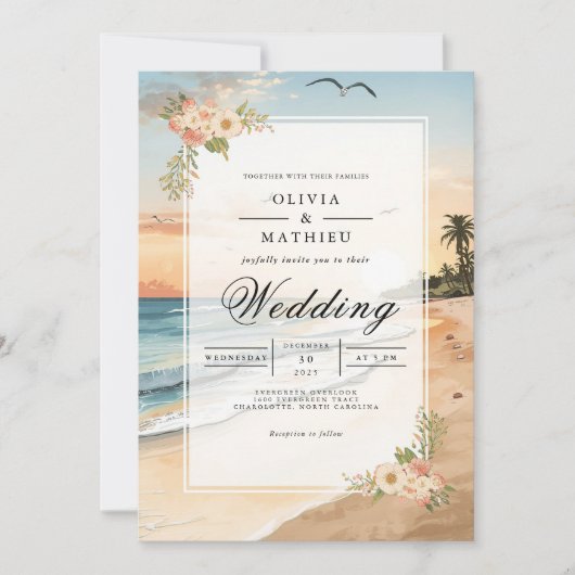Sunset Beach Bloom Romance Wedding Kaart (Voorkant)