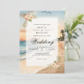 Sunset Beach Bloom Romance Wedding Kaart (Staand voorkant)