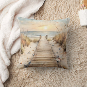 Sunset Beach Boardwalk Waterverf Kussen