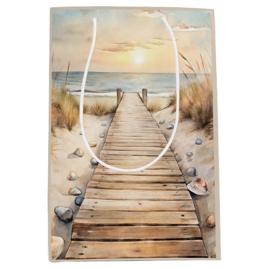Sunset Beach Boardwalk Waterverf Medium Cadeauzakje (Voorkant)
