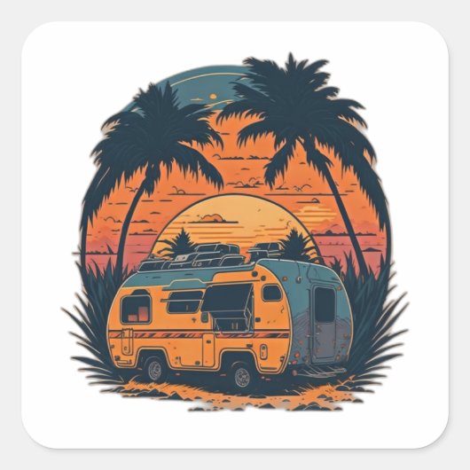 Sunset Beach Caravan Vierkante Sticker (Voorkant)