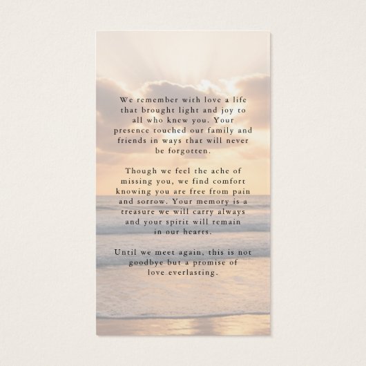 Sunset Beach Celebration of Life Prayer Card Visitekaartje (Achterkant)