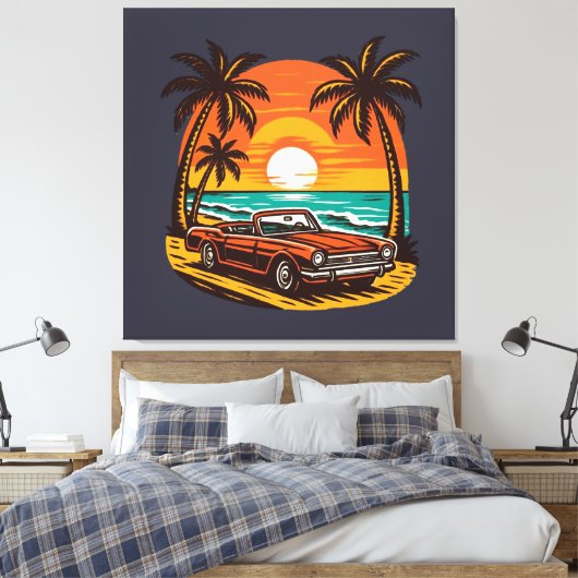 Sunset Beach Drive: Retro Summer Escape Canvas Afdruk (Insitu (Slaapkamer))