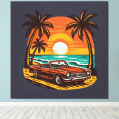 Sunset Beach Drive: Retro Summer Escape Canvas Afdruk (Insitu (Houten vloer))