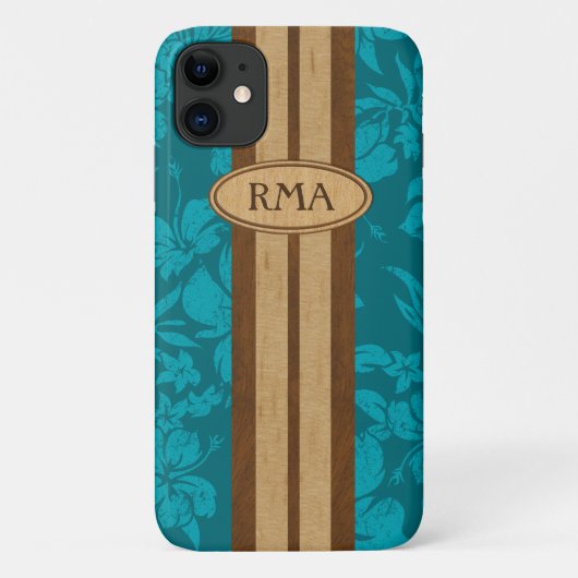 Sunset Beach Faux Wood Surfboard Hawaiian Monogram Case-Mate iPhone Case (Achterkant)
