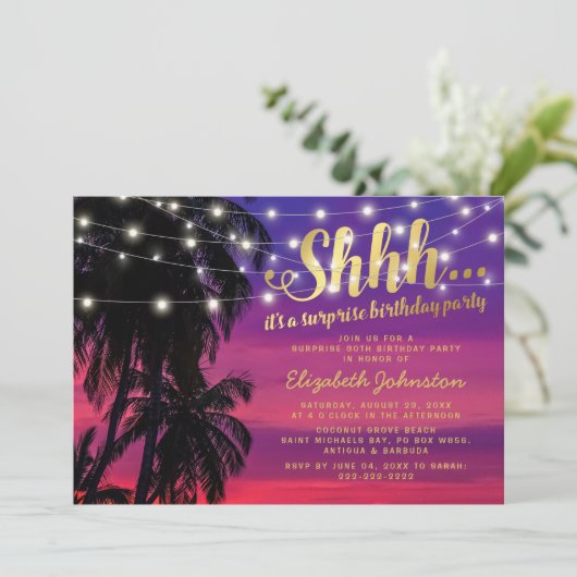 Sunset Beach Glam Verrassingsfeestje Kaart (Staand voorkant)