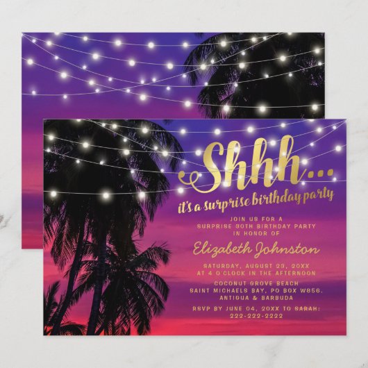 Sunset Beach Glam Verrassingsfeestje Kaart (Voorkant / Achterkant)